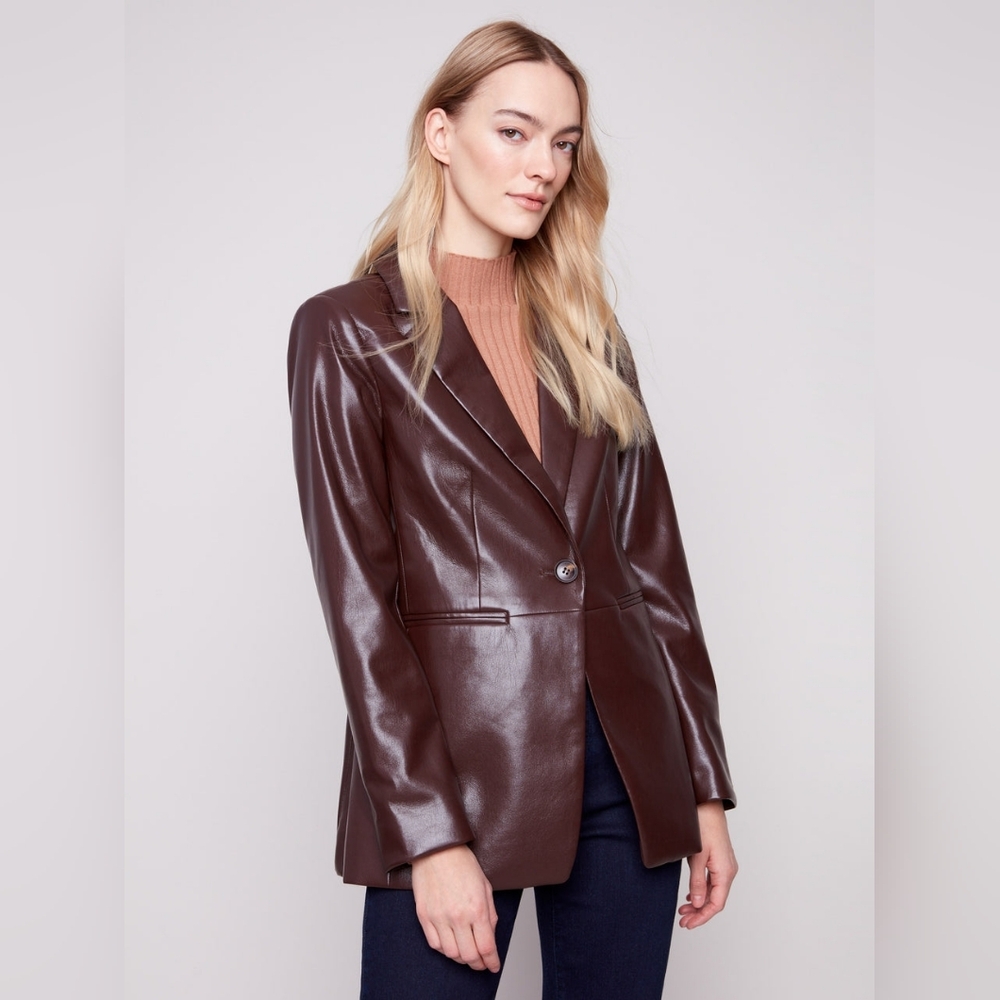 CHARLIE B Dark Brown Faux Leather Blazer